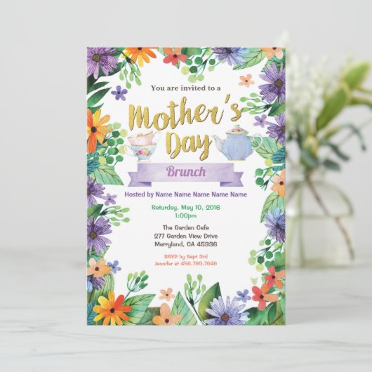 母の日のお茶会のブランチの花柄の水彩画 招待状 (スタンド正面)