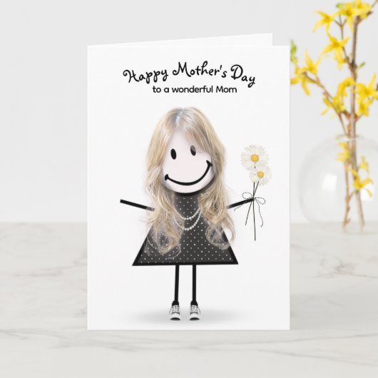 母の日のための棒人間女子  カード (黄色い花)