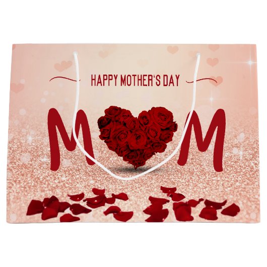 母の日のばら色のハートの花束-大きいギフトバッグ ラージペーパーバッグ (正面)