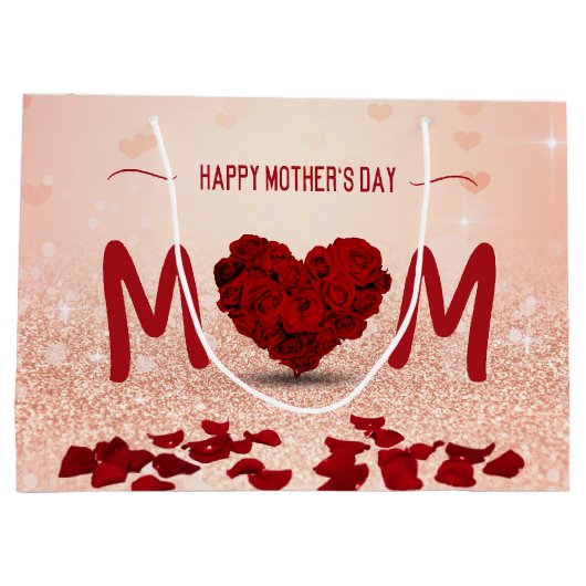 母の日のばら色のハートの花束-大きいギフトバッグ ラージペーパーバッグ (裏面)