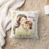母の日のイラストレーションと花 クッション (ブランケット)