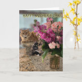 母の日のカードのための猫と花 カード (黄色い花)