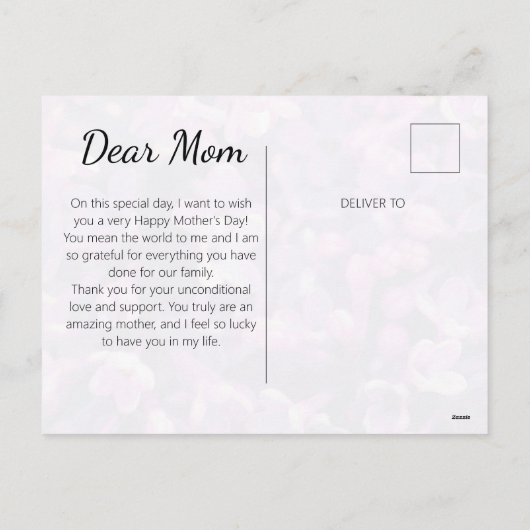 母の日のカード，ギフト，写真薄紫花， シーズンポストカード (裏面)