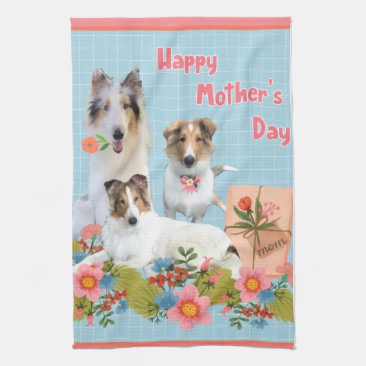 母の日のコリーと花 キッチンタオル (縦)