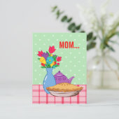 母の日のデザインと花、パイ、ティーポット ポストカード (スタンド正面)