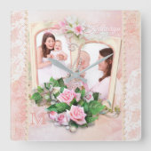 母の日のバラレース·パールズ·ヴィンテージ写真集 スクエア壁時計 (正面)