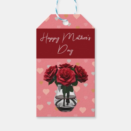 母の日のバラ花瓶のハートパターン ギフトタグ (正面)