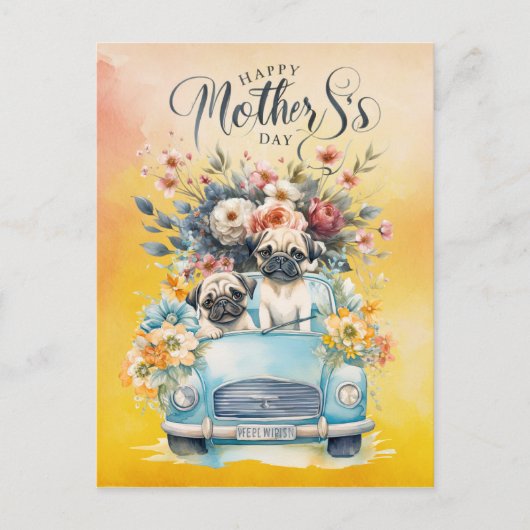 母の日のパグと花愛犬家 シーズンポストカード (正面)