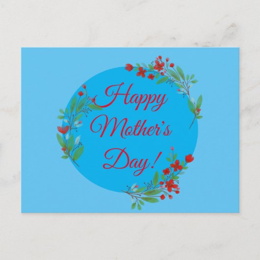 母の日のパターン赤い花の水色の青 ポストカード (正面)