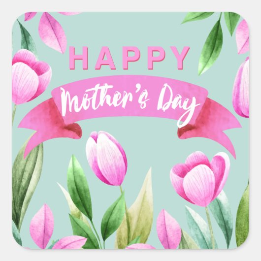 母の日のピンクのチューリップのバナー スクエアシール (正面)