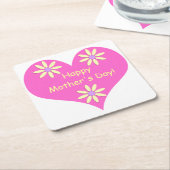 母の日のピンクのハートと黄色い花 スクエアペーパーコースター (アングル)