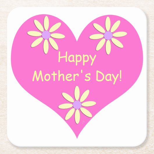 母の日のピンクのハートと黄色い花 スクエアペーパーコースター (正面)
