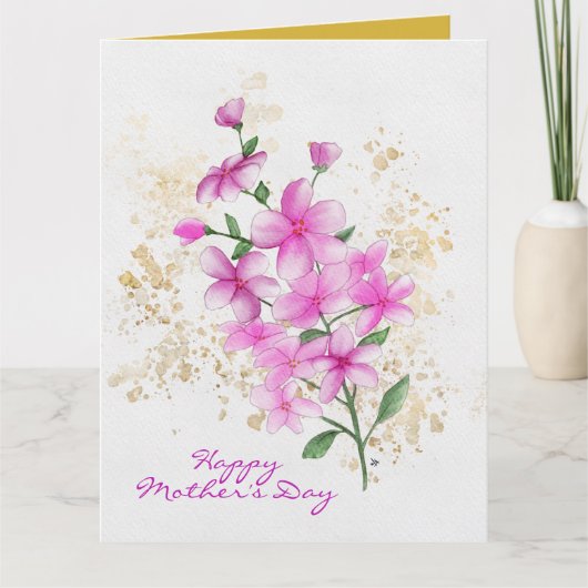 母の日のピンクの花 ゴールドスプラッター 2枚の写真 カード (正面)