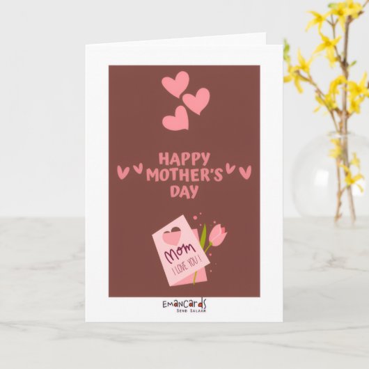 母の日のピンクハート カード (黄色い花)