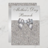 母の日のブランチのフェイクな銀製の宝石および弓 招待状 (正面/裏面)