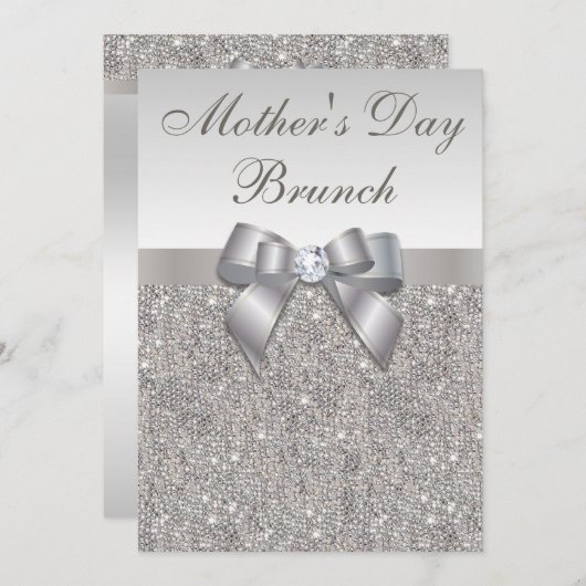 母の日のブランチのフェイクな銀製の宝石および弓 招待状 (正面/裏面)