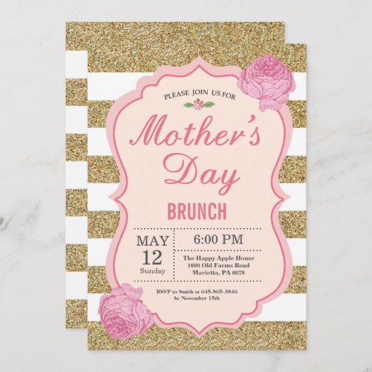 母の日のブランチの招待状のピンクの花柄の花 招待状 (正面/裏面)