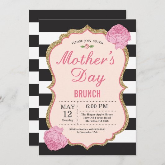 母の日のブランチの招待状のピンクの花柄の花 招待状 (正面/裏面)