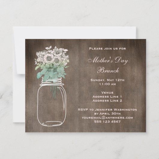 母の日のブランチの素朴なメーソンジャー及び花 招待状 (裏面)