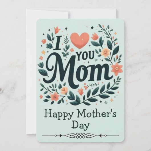 母の日のプレゼントに「I Love You Mom Floral Wreath」 招待状 (正面)