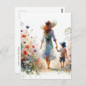 母の日の女性と子供 花園を歩く ポストカード (正面/裏面)