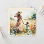 母の日の女性と子供 花畑を歩く カード (正面/裏面インサイチュ)