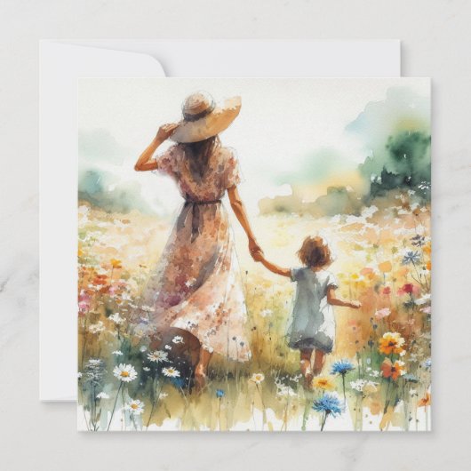 母の日の女性と子供 花畑を歩く カード (正面)