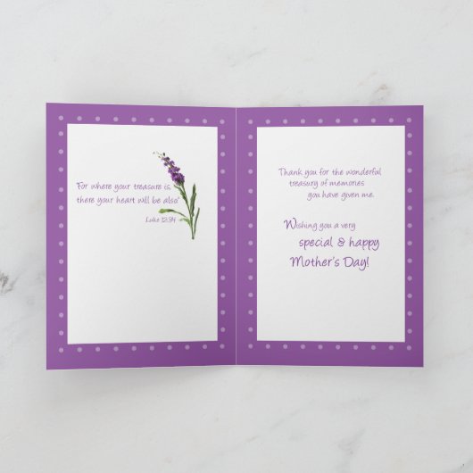 母の日の宗教的な暖かい願い紫の野花 カード (内部)