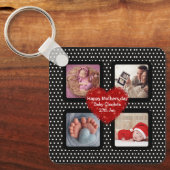 母の日の家族の写真コラージュ黒い水玉模様 キーホルダー (正面)
