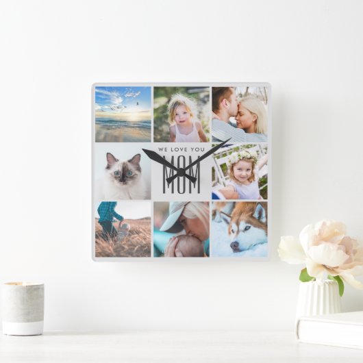 母の日の家族の思い出フォトコラージュ スクエア壁時計 (ホーム)