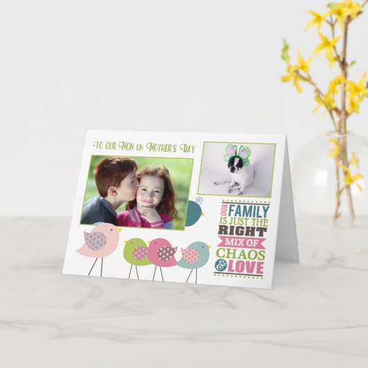 母の日の家族の混沌と愛の鳥と2枚の写真 カード (黄色い花)