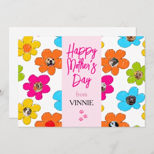 母の日の幸せな写真 かわいい花と犬のコラージュ シーズンカード (正面/裏面)
