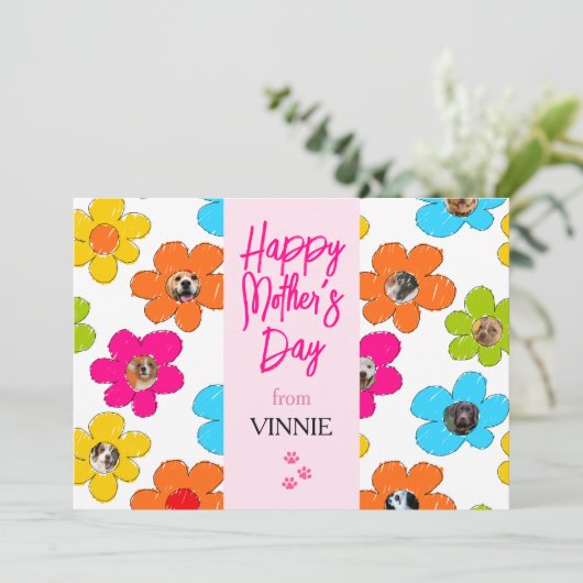 母の日の幸せな写真 かわいい花と犬のコラージュ シーズンカード (スタンド正面)