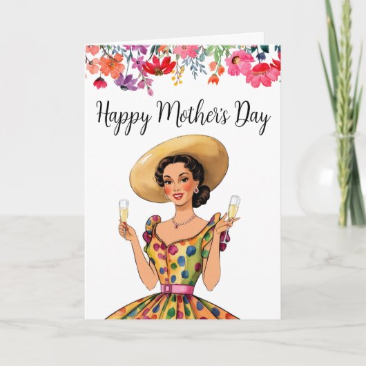 母の日の招待状 – スポッティドレスを持つ女性 サンキューカード (正面)