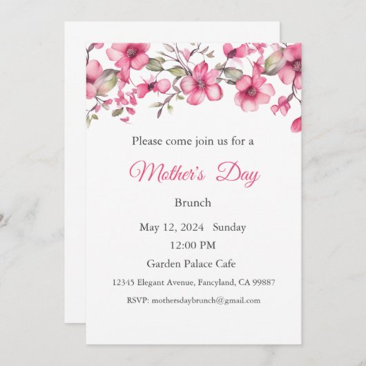 母の日の招待状、母の日のブランチ昼食 招待状 (正面/裏面)