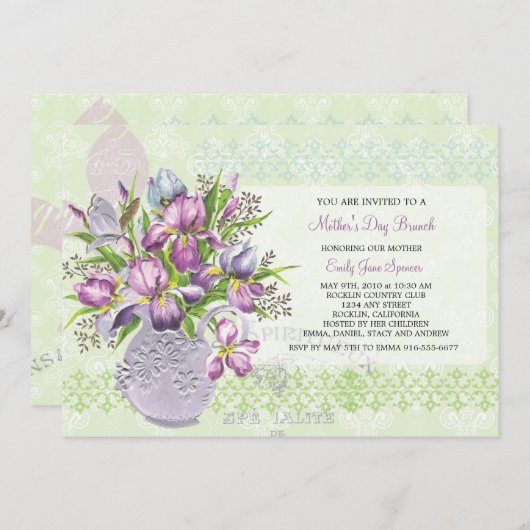 母の日の昼食の懇親会のエレガントな花柄 招待状 (正面/裏面)