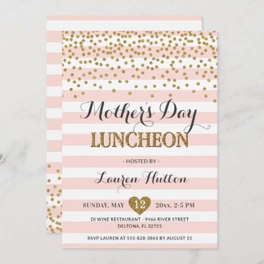 母の日の昼食会のエレガントな赤面のピンクおよび金ゴールド 招待状 (正面/裏面)
