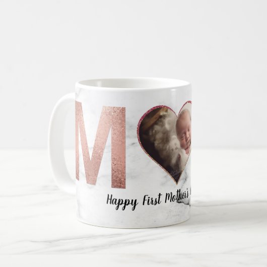 母の日の最初のベビー写真バラ金ゴールドハート コーヒーマグカップ (正面左)
