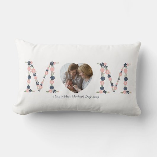 母の日の最初の赤面ピンクネイビーフローラ文字 ランバークッション (正面)