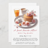 母の日の朝食招待状 - パンケーキとバラ 招待状 (正面/裏面)