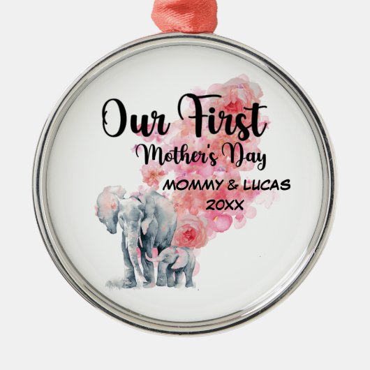 母の日の母とベビー象 メタルオーナメント (正面)
