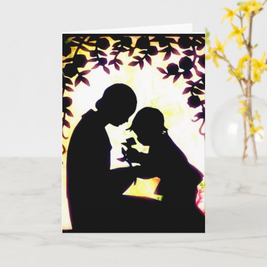 母の日の母と子のシルエットヴィンテージ カード (黄色い花)