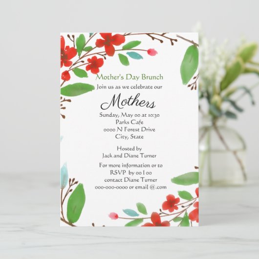 母の日の水の色の赤い花ブランチ 招待状 (スタンド正面)