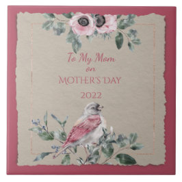 母の日の水彩花と鳥 タイル