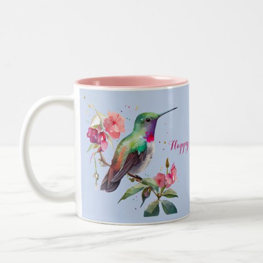 母の日の水色ハミングバードピンクの花 ツートーンマグカップ (左)
