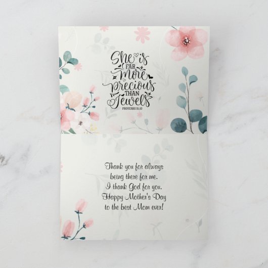 母の日の箴言31聖書聖句ピンクフローラ シーズンカード (内部)