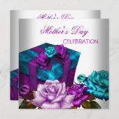 母の日の紫と青とピンクのバラの花束 招待状 (正面/裏面)