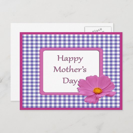 母の日の紫の花 & ギンガム デザイン ポストカード (正面/裏面)