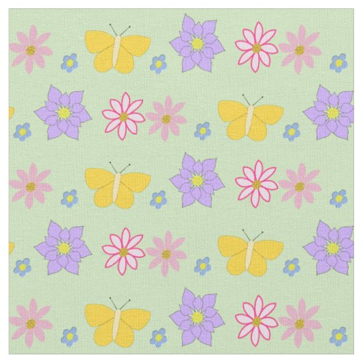 母の日の花と蝶パターン(の模様が)ある ファブリック (クローズアップ)