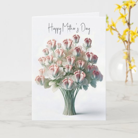 母の日の花の花束とピンクのベビー足 カード (黄色い花)